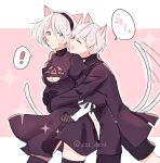  ! 1boy 1girl animal_ears artist_name black_dress blue_eyes cat_boy cat_ears cat_girl cat_tail closed_eyes couple cow_horns dinikee dress heart hetero horns hug hug_from_behind nier:automata nier_(series) short_hair speech_bubble spoken_exclamation_mark tail tail_wagging yorha_no._2_type_b yorha_no._9_type_s 