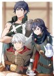 1girl 2boys ameno_(a_meno0) armor bangs belt black_robe black_sweater blue_cape blue_eyes blue_gloves blue_hair book brown_belt brown_eyes brown_gloves cape chrom_(fire_emblem) closed_mouth crossed_arms cup father_and_daughter fingerless_gloves fire_emblem fire_emblem_awakening gloves grey_shirt grin highres holding holding_cup holding_quill holding_teapot indoors jewelry long_hair long_sleeves lucina_(fire_emblem) multiple_boys muscular muscular_male open_book open_clothes open_robe quill red_cape ribbed_sweater robe robin_(fire_emblem) robin_(male)_(fire_emblem) shirt short_hair shoulder_armor sitting smile steam sweater table teacup teapot tiara turtleneck turtleneck_sweater two-tone_cape white_cape white_hair 