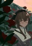  1girl 1solis000 absurdres arknights bangs brown_hair commentary_request cow_horns flower flower_on_head green_eyes hair_between_eyes highres horns long_hair looking_at_viewer pallas_(arknights) red_flower red_rose rose sidelocks solo 