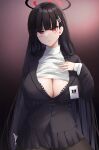  1girl bangs black_hair black_jacket black_pantyhose black_skirt blue_archive blush breasts closed_mouth gradient_background halo highres ibara_azuki jacket large_breasts long_hair looking_at_viewer pantyhose red_eyes rio_(blue_archive) simple_background skirt solo 