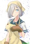 1girl apron bandana blue_eyes commentary_request grey_hair grey_skirt hair_ornament hair_over_one_eye hairclip hamakaze_(kancolle) highres kantai_collection looking_at_viewer one-hour_drawing_challenge oven_mitts pleated_skirt school_uniform serafuku short_hair skirt smile solo tsukasa_(tukasa_br) yellow_apron 