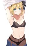  1girl absurdres armpits arms_up black_bra black_panties black_pantyhose black_ribbon blonde_hair blue_skirt bob_cut bow bow_bra bow_panties bra breasts clothes_lift clothes_pull cowboy_shot green_eyes hair_ribbon highres lifted_by_self looking_at_viewer navel open_clothes open_skirt original panties pantyhose parted_lips pleated_skirt ribbon salve_(lindasakura) school_uniform shirt shirt_lift short_hair simple_background skirt skirt_pull small_breasts solo standing underwear undressing white_background white_shirt 