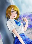  1girl against_pillar blonde_hair blue_skirt bow bowtie bowtie_removed flower fuyuu310 hand_up highres hydrangea koizumi_hanayo love_live! love_live!_school_idol_project open_mouth otonokizaka_school_uniform pleated_skirt purple_eyes rain school_uniform shirt short_hair short_sleeves skirt smile striped vertical_stripes wet wet_clothes white_shirt 