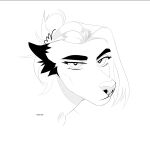  anthro artist_name black_and_white canid ears_back eyelashes female hair hair_bun headshot_portrait looking_at_viewer mammal monochrome mouth_closed narrowed_eyes pivoted_ears portrait simple_background solo unknowhiter 