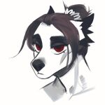  1:1 anthro black_eyebrows black_nose brown_hair bust_portrait canid ears_back eyebrows female hair hair_bun hi_res mammal mouth_closed narrowed_eyes pivoted_ears portrait red_eyes simple_background solo unknowhiter white_background white_body 