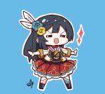  1girl afterschool_school_idol_(love_live!) asymmetrical_legwear bangs black_hair blue_background chibi closed_eyes commentary feather_hair_ornament feathers flower full_body gloves hair_flower hair_ornament long_hair love_live! love_live!_nijigasaki_high_school_idol_club medal mismatched_legwear one_side_up oofushi_ao sidelocks smile solo sparkle standing thighhighs white_gloves yuuki_setsuna_(love_live!) 