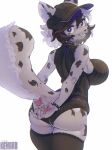  absurd_res anthro big_breasts big_tail breasts butt butt_pose clothing collar felid female hair hands_behind_back hi_res kemari kemono legwear leotard looking_back mammal multicolored_hair pantherine pose purple_eyes short_hair smile snow_leopard spiked_collar spikes tail thigh_highs two_tone_hair 