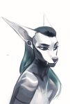  anthro artist_name big_ears black_eyebrows black_hair black_sclera blue_eyes blue_hair bust_portrait canid ear_piercing eyebrows fangs female gauged_ear gradient_hair grey_body grey_nose hair hi_res looking_aside mammal mouth_closed multicolored_hair nude piercing portrait solo teeth two_tone_hair unknowhiter white_body 