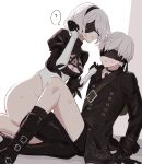  1boy 1girl ? black_blindfold black_coat black_gloves blindfold blush cleavage_cutout clothing_cutout coat couple dinikee full_body gloves hetero highres leotard nier:automata nier_(series) short_hair shorts simple_background speech_bubble sweat thighs white_background white_hair yorha_no._9_type_s 