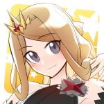  1girl alternate_color black_dress blonde_hair collarbone dress grey_eyes hand_up highres looking_at_viewer official_alternate_costume pokemon pokemon_(game) pokemon_masters_ex ponytail serena_(champion)_(pokemon) serena_(pokemon) smile solo star_(symbol) upper_body xiafei97 