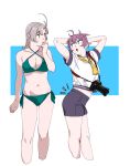  2girls absurdres antenna_hair aoba_(kancolle) arms_behind_head arms_up bikini blue_sailor_collar blue_shorts breasts camera cleavage collarbone green_bikini green_eyes grey_hair highres kantai_collection kinugasa_(kancolle) long_hair medium_breasts midriff_peek multiple_girls navel ojipon open_mouth ponytail purple_hair sailor_collar school_uniform serafuku short_sleeves shorts standing stomach swimsuit 