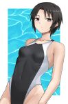  1girl black_eyes black_hair black_one-piece_swimsuit breasts competition_swimsuit hashi highleg highleg_swimsuit looking_at_viewer one-piece_swimsuit original short_hair small_breasts solo swimsuit tomboy two-tone_swimsuit 