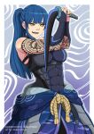  1girl abs bangs black_sclera blue_hair breasts colored_sclera commission elbow_gloves fangs fingerless_gloves gloves highres long_hair mule_express muscular muscular_female ootachi original ponytail rope sidelocks tattoo tribal_tattoo yellow_eyes 