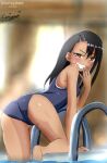  1girl arm_support ass asymmetrical_bangs bangs black_eyes black_hair blue_one-piece_swimsuit blurry blurry_background blush climbing competition_swimsuit dark-skinned_female dark_skin earclip grin hair_ornament hairclip half-closed_eye hand_to_own_mouth ijiranaide_nagatoro-san knee_up kurigamikun leaning_forward long_hair looking_at_viewer looking_back one-piece_swimsuit pool pool_ladder school_swimsuit smile smirk solo swimsuit wet 