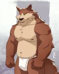  3000vnd anthro asian_clothing bottomwear brown_body brown_fur bulge canid canine canis cannie clothing east_asian_clothing fundoshi fur hi_res japanese_clothing loincloth male mammal muscular muscular_male solo tan_body tan_fur tuft underwear wolf 