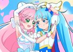 2girls ahoge arm_up armband armpits ascot bangs blue_bow blue_cape blue_dress blue_eyes blue_hair blush bow braid cape closed_mouth cure_prism cure_sky cut_bangs dress earrings elbow_gloves gloves green_eyes hair_bow hair_ornament heart hirogaru_sky!_precure jewelry long_hair looking_at_another magical_girl multicolored_hair multiple_girls nijigaoka_mashiro open_mouth pink_hair precure side-by-side sleeveless sleeveless_dress smile sora_harewataru streaked_hair symmetrical_hand_pose tiler_(tiler00) twin_braids twintails two-tone_hair white_ascot white_bow white_dress white_gloves 