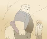  2023 anthro belly bottomwear canid canine canis clothing domestic_dog duo hi_res inunoshippo kemono male mammal overweight overweight_male pants shirt topwear 