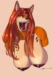  anthro big_breasts bodily_fluids breasts bust_portrait canid canine countershading female fox hair hanging_breasts hi_res kaize_(kaizey) kaizey leaning leaning_forward long_hair looking_aside mammal open_mouth portrait purple_eyes red_hair saliva saliva_string sharp_teeth solo teeth 