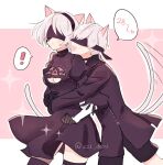  ! 1boy 1girl animal_ears artist_name black_blindfold black_dress blindfold cat_boy cat_ears cat_girl cat_tail couple cowboy_shot dinikee dress heart hetero hug hug_from_behind nier:automata nier_(series) short_hair speech_bubble spoken_exclamation_mark tail tail_wagging yorha_no._2_type_b yorha_no._9_type_s 