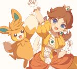  1girl :d arm_up bangs blue_eyes blush brown_eyes brown_hair clenched_hand commentary_request crown dress earrings eyelashes flower_earrings frills gem gloves hand_up jewelry looking_at_viewer mario_(series) medium_hair mini_crown miri_(cherryjelly) open_mouth orange_dress parted_bangs pawmot pokemon pokemon_(creature) princess_daisy puffy_short_sleeves puffy_sleeves short_sleeves simple_background smile upper_body white_background white_gloves 