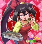  1girl apron artist_name bangs black_hair candy chocolate commentary copyright_name english_text food frying_pan giving hair_ornament half-closed_eyes happy_valentine heart heart-shaped_chocolate high_ponytail holding holding_food holding_pan igami_ichika leaning_forward long_hair long_sleeves looking_at_viewer open_mouth ponytail red_apron red_eyes roba_takahiro rope shirt signature smile solo sparkle standing susume!_ashitabara_gakuen valentine very_long_hair yellow_shirt 