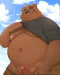  2023 96panda anthro bear belly big_belly brown_body clothed clothing clothing_lift cloud erection genitals hi_res kemono male mammal moobs navel nipples one_eye_closed outside overweight overweight_male penis shirt shirt_lift solo topwear wink 