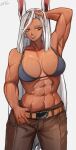  1girl abs absurdres animal_ears arm_up armpits bare_shoulders belt black_bra boku_no_hero_academia bra breasts brown_belt cleavage clenched_teeth dark-skinned_female dark_skin gelldraws hand_in_own_hair hand_on_hip highres large_breasts long_eyelashes long_hair looking_at_viewer mirko muscular muscular_female navel pants rabbit_ears rabbit_girl red_eyes signature solo teeth underwear very_long_hair white_background white_hair 