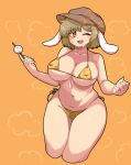  1girl absurdres animal_ears areola_slip bangs bikini blush breasts brown_eyes brown_headwear cabbie_hat commentary_request covered_nipples cowboy_shot dango floppy_ears food hat highres kurodani_yamame large_breasts light_brown_hair looking_at_viewer navel one-hour_drawing_challenge one_eye_closed open_mouth orange_background rabbit_ears rabbit_girl ringo_(touhou) rinyamame short_hair smile solo sweat swimsuit touhou wagashi yellow_bikini 