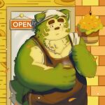 2023 anthro apron canid canine canis clothing detailed_background domestic_dog green_body hi_res kemono lifewonders littlejimmy1218 live_a_hero male mammal mokdai overweight overweight_male solo 