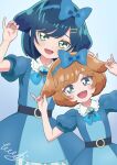  2girls :d animal_ears aqua_eyes artist_name bangs blue_bow blue_dress blue_eyes blue_hair blue_ribbon blush bob_cut bow brooch collared_dress commentary cosplay delicious_party_precure dog_ears dog_girl dress fuwa_kokone hair_bow hair_ornament hair_ribbon hairclip heart_brooch highres holding_ears jewelry kemonomimi_mode leaning_to_the_side looking_at_viewer multiple_girls neck_ribbon pam-pam_(precure) pam-pam_(precure)_(human) pam-pam_(precure)_(human)_(cosplay) precure puffy_short_sleeves puffy_sleeves ribbon short_hair short_sleeves side-by-side signature smile standing tiler_(tiler00) 