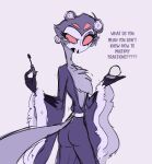  anthro avian bird butt clothing dialogue hair hair_curlers helluva_boss hi_res looking_at_viewer looking_back makeup male owl owl_demon purple_clothing purple_robe purple_text red_eyes robe short_hair simple_background solo standing stolas_(helluva_boss) teathekook text white_background white_face 