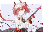  1girl arknights black_skirt collared_shirt commentary_request facial_mark fiammetta_(arknights) flower gun head_tilt heart highres holding holding_gun holding_weapon long_sleeves looking_at_viewer parted_lips petals plant purple_background red_eyes red_flower red_hair red_rose rose rose_petals shirt skirt solo two-tone_background vines weapon white_background white_shirt xiangjingsu59601 