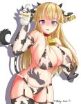  1girl absurdres animal_ears animal_print baby_duck_kai bell blonde_hair blue_eyes bottle breasts cleavage closed_mouth cow_ears cow_girl cow_horns cow_print cow_tail cowbell embarrassed fletcher_(kancolle) garter_straps highres horns kantai_collection kneehighs large_breasts long_hair looking_at_viewer milk_bottle navel smile socks solo tail 