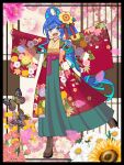  1girl ahoge alternate_costume alternate_hairstyle animal_ears blue_eyes blue_hair boots brown_footwear bug butterfly cherry_blossoms flat_chest floral_print flower full_body gradient_hair green_hakama hair_flower hair_ornament hakama haori heterochromia highres horse_ears horse_girl horse_tail jacket japanese_clothes kimono kudan_(kudan4429) long_hair long_sleeves multicolored_hair open_clothes open_jacket open_mouth outstretched_arms purple_eyes rose sash sharp_teeth side_ponytail smile solo spread_arms sunflower tail teeth twin_turbo_(umamusume) umamusume upper_teeth_only wide_sleeves yellow_kimono 