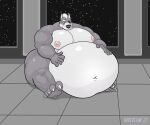  5_fingers 5_toes anthro belly big_belly big_nipples big_pecs black_nose canid canine canis claws dobeocean eye_patch eyewear feet fingers fur grey_body grey_fur hand_on_stomach hands_on_belly hi_res hyper hyper_belly looking_at_belly looking_down looking_down_at_self male mammal moobs musclegut muscular muscular_anthro muscular_male navel nintendo nipples obese obese_anthro obese_male overweight overweight_anthro overweight_male pecs pink_nipples purple_eyes sitting solo space star_fox toes wolf wolf_o&#039;donnell 