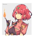  1girl bangs bob_cut chest_jewel dangle_earrings earrings fingerless_gloves fire gloves highres impossible_clothes jewelry mochimochi_(xseynao) pyra_(xenoblade) pyrokinesis red_eyes red_hair short_hair short_sleeves smile swept_bangs tiara upper_body xenoblade_chronicles_(series) xenoblade_chronicles_2 