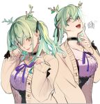  2girls breasts ceres_fauna choker earrings eus_ing green_hair hair_between_eyes heart heart_choker highres hololive hololive_english jewelry large_breasts long_sleeves looking_at_viewer multiple_girls multiple_views open_mouth simple_background teeth tongue tongue_out tsukumo_sana twintails virtual_youtuber white_background yellow_eyes 