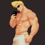  1boy abs absurdres bara blonde_hair deer3art highres holding holding_phone johnny_bravo johnny_bravo_(series) large_pectorals male_focus muscular muscular_male navel nipples pectorals phone short_hair smile solo sunglasses teeth towel towel_around_waist 