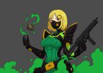  1girl absurdres bangs blonde_hair blue_eyes bodysuit breasts cosplay explosive gas_mask green_bodysuit grenade grey_background gun hair_ornament highres holding holding_gun holding_weapon hololive hololive_english k_(a_klulu) looking_at_viewer mask monocle_hair_ornament mouth_mask short_hair simple_background solo submachine_gun trigger_discipline upper_body valorant viper_(valorant) viper_(valorant)_(cosplay) virtual_youtuber watson_amelia weapon 