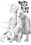  3girls :/ absurdres age_progression aged_down bangs bare_arms belt bent_over between_legs bodysuit boku_no_hero_academia boots breasts closed_mouth dorsiflexion dress female_child graphite_(medium) greyscale hands_on_another&#039;s_shoulders hands_on_own_knees happy head_on_head head_rest highres horikoshi_kouhei hug hug_from_behind knee_boots knees_up large_breasts long_hair looking_at_another looking_up monochrome multiple_girls parted_bangs pleated_skirt ponytail raised_eyebrows ribbon-trimmed_dress shoe_soles short_hair sidelocks simple_background sitting skirt sleeveless sleeveless_bodysuit sleeveless_turtleneck_dress spread_legs standing time_paradox toes_up traditional_media utility_belt white_background 