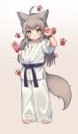  &gt;:) 1girl animal_ears barefoot child chromatic_aberration dougi female_child flat_chest fox_ears fox_girl fox_tail green_eyes grey_hair highres karate_gi kuma-bound long_hair original simple_background tail v-shaped_eyebrows white_background wristband 