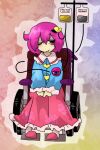  bags_under_eyes blood blood_bag blue_shirt buttons donjuan eyeball floral_print frilled_skirt frilled_sleeves frills hair_ornament hairband heart heart_button heart_hair_ornament heart_of_string intravenous_drip komeiji_satori looking_at_viewer one_eye_closed pink_footwear pink_hair pink_skirt purple_eyes red_eyes shirt skirt slippers smile third_eye touhou wheelchair wheelchair_detective_satori 