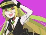  1girl alina_gray bangs black_headwear black_vest blonde_hair brooch collar cross_tie detached_collar fur_cuffs gem green_eyes green_gemstone green_hair hai_(user_hcry5373) hair_between_eyes hat highres jewelry long_hair looking_at_viewer magia_record:_mahou_shoujo_madoka_magica_gaiden magical_girl mahou_shoujo_madoka_magica multicolored_hair open_mouth peaked_cap puffy_short_sleeves puffy_sleeves see-through see-through_sleeves short_sleeves sidelocks simple_background smile solo straight_hair streaked_hair upper_body v-neck vest white_collar 