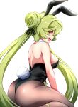  1girl :d absurdres ai-chan_(chrono_navi)_(honkai_impact) ai-chan_(honkai_impact) animal_ears ass back bangs black_leotard black_pantyhose double_bun fake_animal_ears fake_tail green_eyes hair_bun highres honkai_(series) honkai_impact_3rd latex latex_leotard leotard long_hair looking_at_viewer looking_back open_clothes open_mouth orange_eyes pantyhose playboy_bunny rabbit_ears rabbit_tail simple_background slash-ex smile strapless strapless_leotard tail twintails very_long_hair white_background 