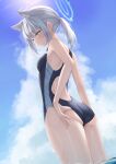  1girl absurdres animal_ears ass back_cutout bare_arms bare_shoulders black_one-piece_swimsuit blue_archive blue_eyes breasts clothing_cutout competition_swimsuit cowboy_shot day extra_ears fox_ears grey_hair halo highres long_hair looking_at_viewer looking_back one-piece_swimsuit outdoors parted_lips ponytail reinama shiroko_(blue_archive) shiroko_(swimsuit)_(blue_archive) sidelocks small_breasts solo standing sunlight swimsuit thighs wet 