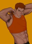  1boy abs armpit_hair armpits arms_up bara cowboy_hat edeued_(dpemrmfla) frown hat highres long_sideburns looking_at_viewer male_focus mature_male midriff muscular muscular_male navel navel_hair no_pupils orange_background orange_hair orange_tank_top original short_hair sideburns solo stomach tank_top thick_eyebrows undressing veins veiny_arms 