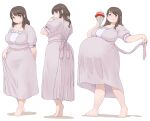  1girl :q arm_behind_back back_bow bangs big_belly blush bow breasts brown_hair character_request closed_mouth collarbone commentary_request copyright_request crepe dot_nose dress food fruit full_body head_tilt holding holding_food katou_(katohayabusa) large_breasts legs_apart long_hair looking_at_viewer looking_back multiple_views open_mouth outstretched_arm purple_eyes shadow short_sleeves sidelocks simple_background standing strawberry tareme tiptoes tongue tongue_out white_background 