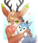  &lt;3 2020 anthro antlers artist_name blonde_hair border countershade_face countershade_fur countershade_torso countershading deer dessert digital_media_(artwork) doughnut doughnut_in_mouth eyelashes female food food_in_mouth fur green_eyes hair half-length_portrait hi_res holding_object holding_plushie horn looking_at_viewer mammal pink_nose plushie portrait shaded simple_background solo tan_body tan_fur twiggy_(wolfbane154) white_border wolfbane154 