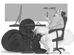  anthro axel_(sad_tomato) balls big_balls big_butt big_penis bodily_fluids butt canid canine canis clothed clothing dakky_(dakkydracota) dialogue dragon duo eyewear fur furred_dragon genital_fluids genitals glasses greyscale hi_res horn huge_balls huge_penis humanoid_genitalia male male/male mammal monochrome nude penis precum sad_tomato shy simple_background sitting sketch under_table wolf 