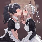  1boy 2girls apron black_hair blush breasts censored closed_eyes commentary_request erection grey_hair highres idolmaster idolmaster_shiny_colors kurokin large_breasts long_hair long_sleeves maid maid_headdress mayuzumi_fuyuko mosaic_censoring multiple_girls penis ponytail serizawa_asahi short_sleeves sidelocks simple_background small_breasts white_apron white_headwear 